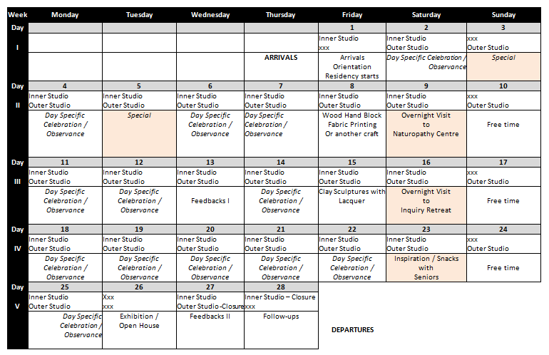 Meditations and Arts - calendar