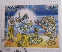 Ramayana - 8 of 11 - Rama Blesses a Squirrel Who Is Helping Build a Bridge - the Story of Lord Rama in 11 Postage Stamps 2017
