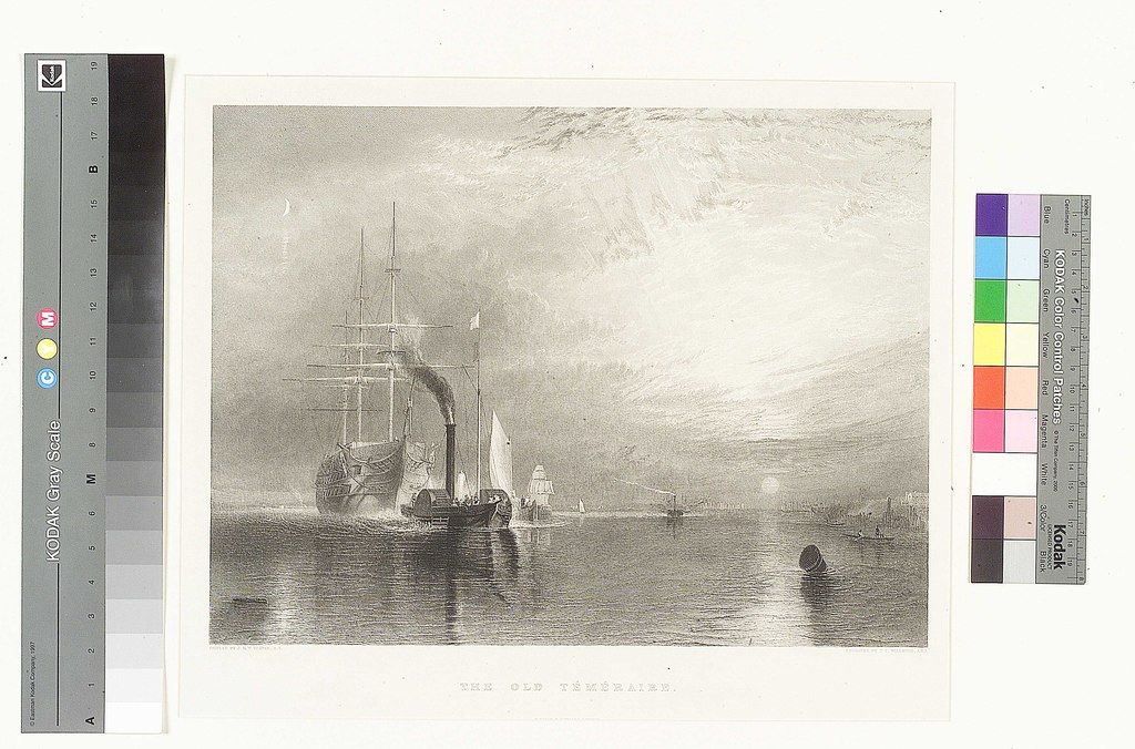 Turner_1845 engraving by James Tibbits Willmore correcting the painting by putting the mast of the tug before its smokestack